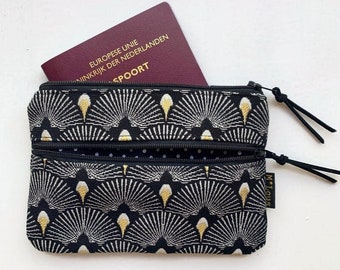 Reisebrieftasche aus wunderschönem, schickem schwarzem Stoff mit goldenen Akzenten, Doppelreißverschluss, Rucksackreisepass, Reisetasche, Retro-Kulturbeutel