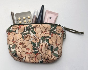 Bolsa de maquillaje redonda ovalada, bolsa de maquillaje floral, neceser, cartera pequeña, bolsa pequeña, flores retro minimalistas