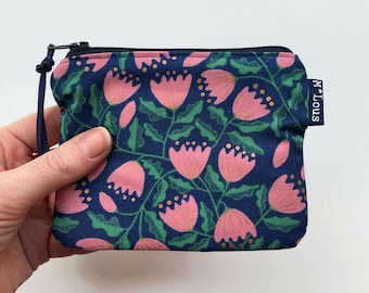 Tiny pink blue pouch with retro flower print coin pouch zippered pouch small wallet bag purse tiny wallet travel purse retro
