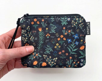 retro black flowered travel pouch coin purse small zipper pouch small boho zipper purse vegan purse minimalistic minimalist flowerpower