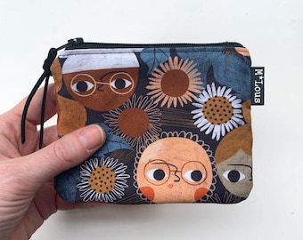 Old brown rust red zipper pouch with faces wallet coin purse travel bag etui zipper purse toiletry bag vegan minimalist bohemian bymlous