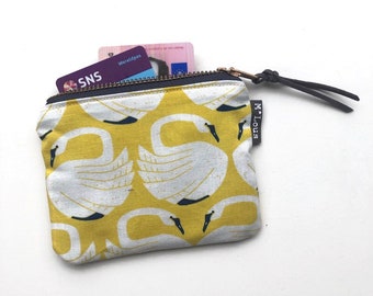 Yellow purse with retro swans little zipper pouch coin pouch small wallet vegan boho zipper purse tiny wallet travel pouch purse