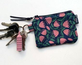 Retro blue pink flowered  keychain purse small zipper pouch wallet vegan zipper purse tiny wallet travel pouch retro purse for keys