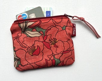 Red flowered coin purse little zipper pouch coin pouch small wallet vegan boho zipper purse wallet travel pouch purse vegan byMlous