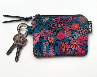 Retro black flowered keychain purse small zipper pouch wallet vegan zipper purse tiny wallet travel pouch retro purse for keys