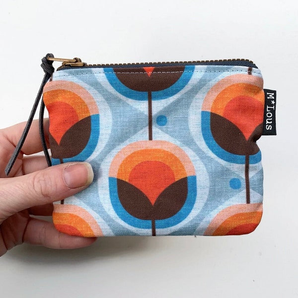 a small retro flowered zipper flowers pouch tiny coin pouch little wallet make up bag zipper linen purse wallet  minimalist geometric