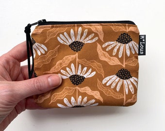 Kleine rostfarbene Retro-Geldbörse mit Blumen, kleine Tasche für Kleingeld, Mini-Kulturbeutel, böhmische vegane Tasche