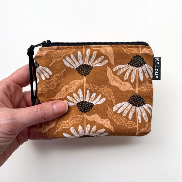 A sweet rust coin purse with retro daisies tiny zipper pouch coin pouch small wallet vegan boho zipper purse wallet travel pouch