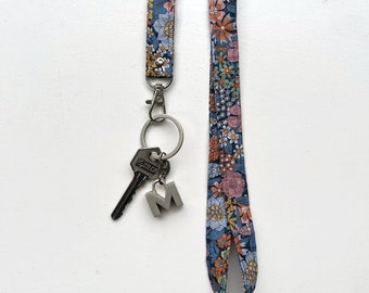 Rétro bleu floral lanière porte-clés clé cordon clé pendentif porte-badge porte-carte d'identité clé cordon mlous coton minimaliste