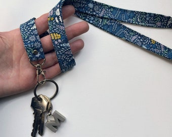 Blue lanyard keycord flowered neck strap id card holder key chain key holder lanyard for ID badge cotton teacher nurse student vintage