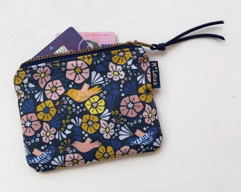 Klein donker blauw portemonneetje met retro bloemetjes en vogeltjes portemonnee klein etuitje bloemen mini toilettasje etui  byMlous