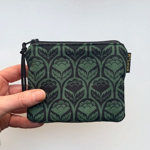 Piccolo portafoglio verde con motivo floreale retrò, mini custodia a portafoglio, borsa da toilette, custodia, boho bohémien minimalista