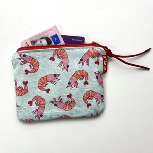 Pequeño y lindo monedero con camarones |  camarones | Mini bolsa con cremallera hecha a mano | verde menta | retro festival fusión | Estuche para lápices