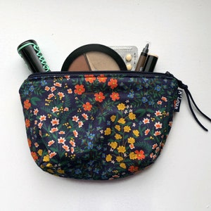 Dark blue flowered cosmetic bag Zipper bag Zipper pouch Make-up purse makeup bag Petal shape pouch toiletry bag travel purse minimalist