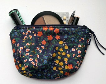 Dark blue flowered cosmetic bag Zipper bag Zipper pouch Make-up purse makeup bag Petal shape pouch toiletry bag travel purse minimalist