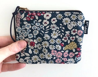 Klein donker blauw linnen portemonneetje met retro bloemetjes portemonnee klein etuitje bloemen mini toilettasje etui  byMlous