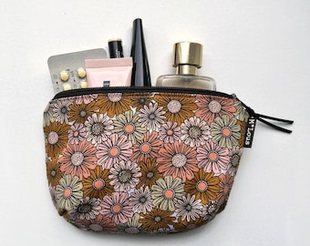 Ovale, runde Schminktasche, beige-rosa Blumen-Make-up-Tasche, Kulturbeutel, kleines Portemonnaie, kleines Täschchen, minimalistische Retro-Blumen