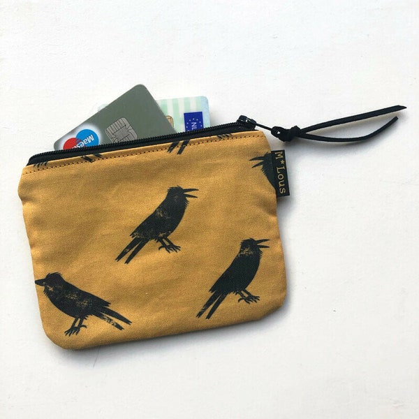 yellow coin purse with minimalist black crows little zipper pouch coin pouch small wallet vegan zipper purse tiny wallet travel pouch