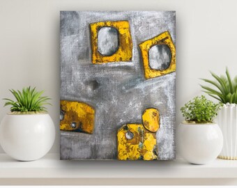 Yellow Abstract oil painting / Gray Abstract Oil Painting canvas on hardboard  Decorative Paintings Original painting Ukraine art
