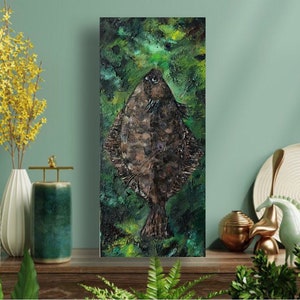 Flounder oil art on canvas, Seafood painting, ORIGINAL fish Oil Painting Original Artwork Impasto Small Oil Painting