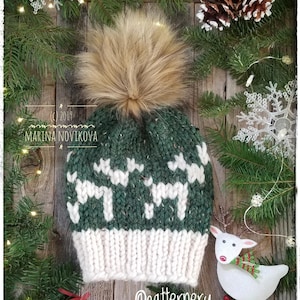 Reindeer Rudolf Super Bulky Hand Knitted Hat, Faux Fur or Yarn Pom Pom, Winter Warm hat in 2-5 yo, Christmas FREE first class US shipping.