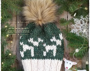 Reindeer Rudolf Super Bulky Hand Knitted Hat, Faux Fur or Yarn Pom Pom, Winter Warm hat in 2-5 yo, Christmas FREE first class US shipping.