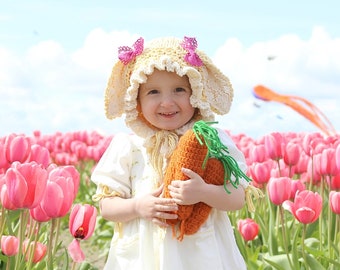 Easter Bunny Floppy Ears Bonnet Flat Knitting Pattern PDF. Sizes: NB, 1-3 mo, 6 mo, 12 mo, 2y, 3-4 y, Child. Original Designed. ENGLISH