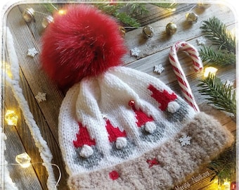Knitting pattern Pdf, Jingle Gnomes hat in aran yarn. Knitting in the round. Preemie-NB, baby, child, teen, adult. English language only.