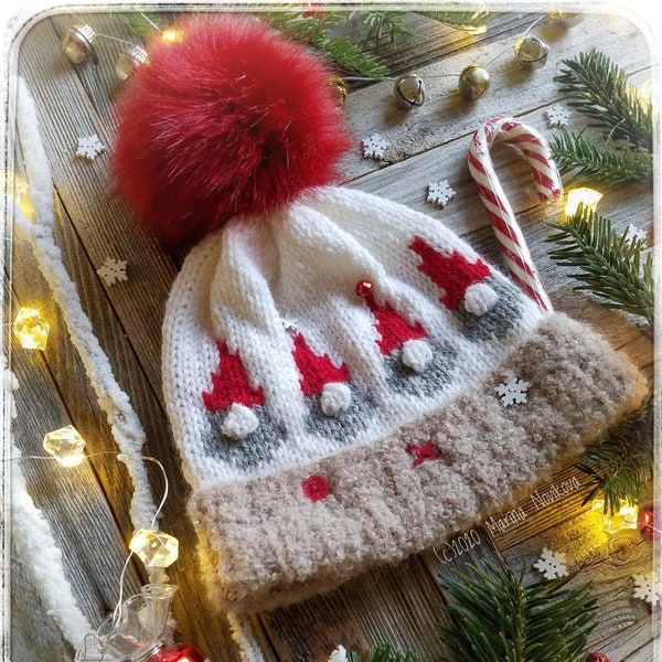 Knitting pattern Pdf, Jingle Gnomes hat in aran yarn. Knitting in the round. Preemie-NB, baby, child, teen, adult. English language only.