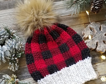 Plaid BULKY "Apple Pie", Rose or Buffalo Hat FLAT and ROUND Knitting Pattern Pdf. Faux Fur Pom Instructions. Preemie up to Adult sizes.