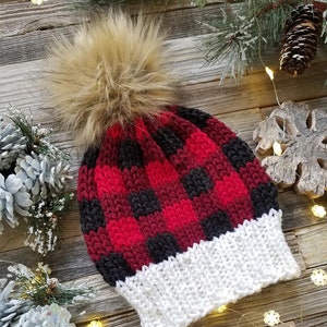 Plaid BULKY &quot;Apple Pie&quot;, Rose or Buffalo Hat FLAT and ROUND Knitting Pattern Pdf. Faux Fur Pom Instructions. Preemie up to Adult sizes.
