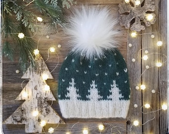 WORSTED Hat "Festive Trees" Knitting Pattern PDF, Fur Pom Instructions and Beads Instructions included. Preemie to Adult Pattern in English