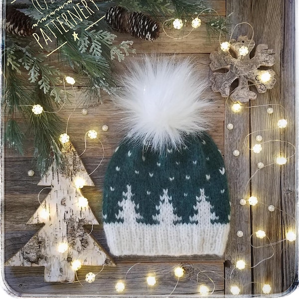 WORSTED Hat "Festive Trees" Knitting Pattern PDF, Fur Pom Instructions and Beads Instructions included. Preemie to Adult Pattern in English