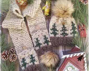 SUPER BULKY Christmas Set "Noel Trees" Knitting Pattern Pdf. Two looks of Trees, Fur and Yarn Pom Instructions. NB to Adult sizes in English