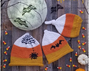 Knitting Pattern - Candy Corn (NB - Adult), 3 Looks in one, FLAT and ROUND knitted instructions Pdf, Bat and Spider included