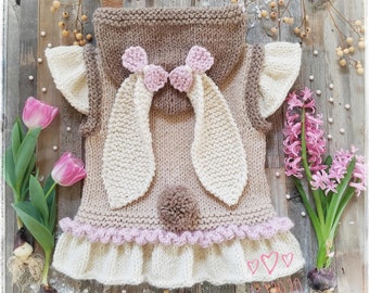 Knitting Pattern "Bunny" Hooded Vest - NB, baby, child sizes, Super bulky Fast FLAT knitted pattern for Boys or Girls, PDF in English