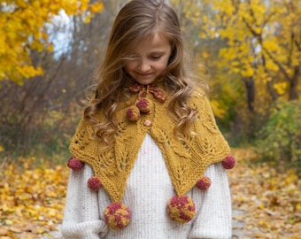 Knitting Pattern - Leaves Capelet (Toddler - Child; XS-L; XL - 2XL), Mini Cape Flat knitted PDF.