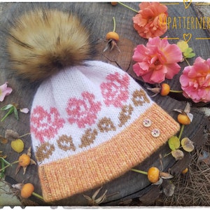 Knitting pattern Autumn Rose beanie, aran weight, ROUND knitting instructions. Newborn up to adult sizes, in English language.