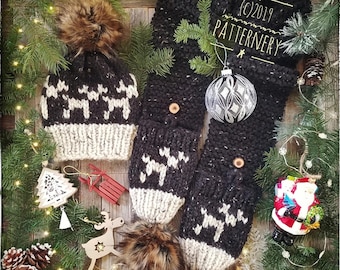 SUPER BULKY Hat and Scarf Set "Reindeer" Knitting Pattern Pdf. Two looks in one, Instructions for pom. NB to Adult sizes in English