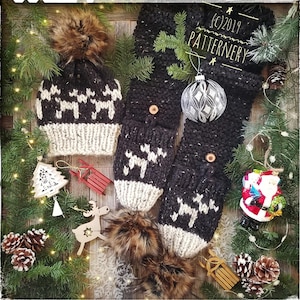 SUPER BULKY Hat and Scarf Set "Reindeer" Knitting Pattern Pdf. Two looks in one, Instructions for pom. NB to Adult sizes in English