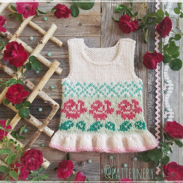 Knitting PATTERN Rose Trellis VEST or Tank instructions pdf. Sizes (baby, toddler, child) in Worsted weight yarn, Pdf in ENGLISH language