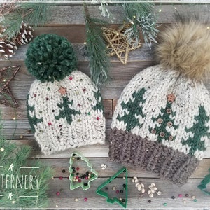 HAT Noel Trees Super Bulky Christmas Knitting Pattern Pdf. Two looks of Trees, NB to Adult in English, Hat ONLY image 1