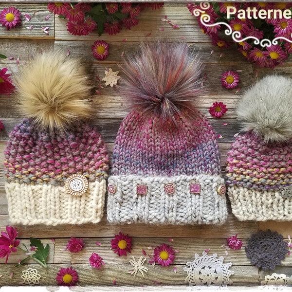 Ensemble de base de 3 looks de bonnet dans un seul modèle de tricot, bonnet SUPER volumineux pour débutant, tricot plat et rond, instructions pour les pompons. Toutes les tailles en anglais