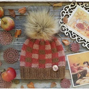 Plaid BULKY Apple Pie Hat FLAT and ROUND Knitting Pattern Pdf in English language. Faux Fur Pom Instructions. Preemie up to Adult sizes. image 1