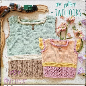 Girl or Boy Knitting Pattern PDF Vest in NB 8 y.o. Sizes. Original Designed Unisex Spring Bloom Top Flat Knitted. ENGLISH language image 1
