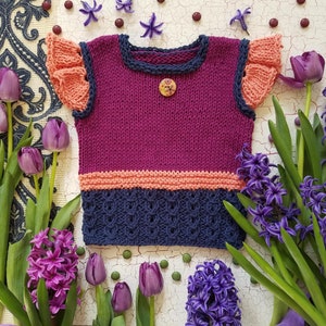 Girl or Boy Knitting Pattern PDF Vest in NB 8 y.o. Sizes. Original Designed Unisex Spring Bloom Top Flat Knitted. ENGLISH language image 2