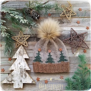 BULKY Christmas Trees Toque Knitting Pattern, Fair Isle Knit Hat, Bulky Pdf. Faux Fur Pom Instructions. Preemie up to Adult sizes. English
