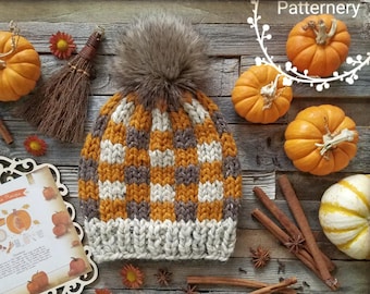 SUPER BULKY Plaid Hat &quot;Pumpkin Pie&quot; Knitting Pattern Pdf, Knitting in the Round, Variety Rib, Pom Instructions. NB up to Adult in English