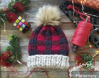 SUPER BULKY Plaid Hat "Pumpkin Pie" Knitting Pattern Pdf. Knitted in the Round, Variety Rib, Pom Instructions. NB up to Adult, in English