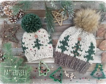 HAT "Noel Trees" Super Bulky Christmas Knitting Pattern Pdf. Two looks of Trees, NB to Adult in English, Hat ONLY